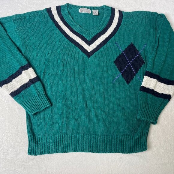 VTG Method VNeck Ramie/Cotton Argyle Teal Sweater Collegiate Academia XL 80s/90s - Picture 1 of 11